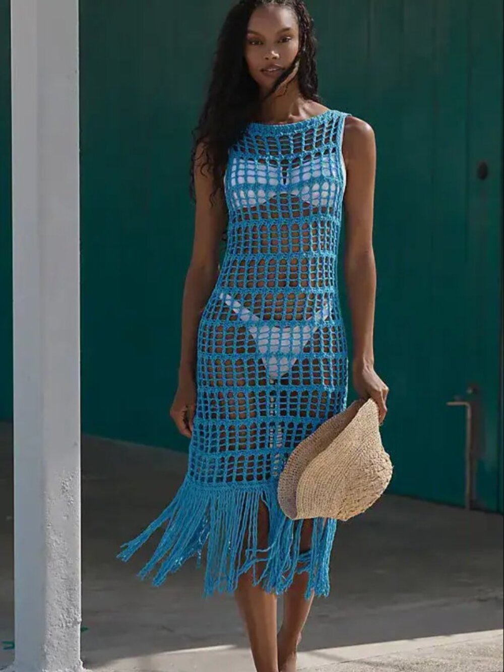 Anthropologie Celandine Crochet Fringe Midi Dress Blue sz S
